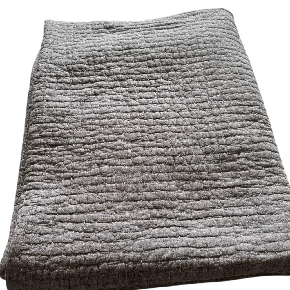 Pottery Barn Pick-Stitch Handcrafted Cotton Linen Quilt Gray King